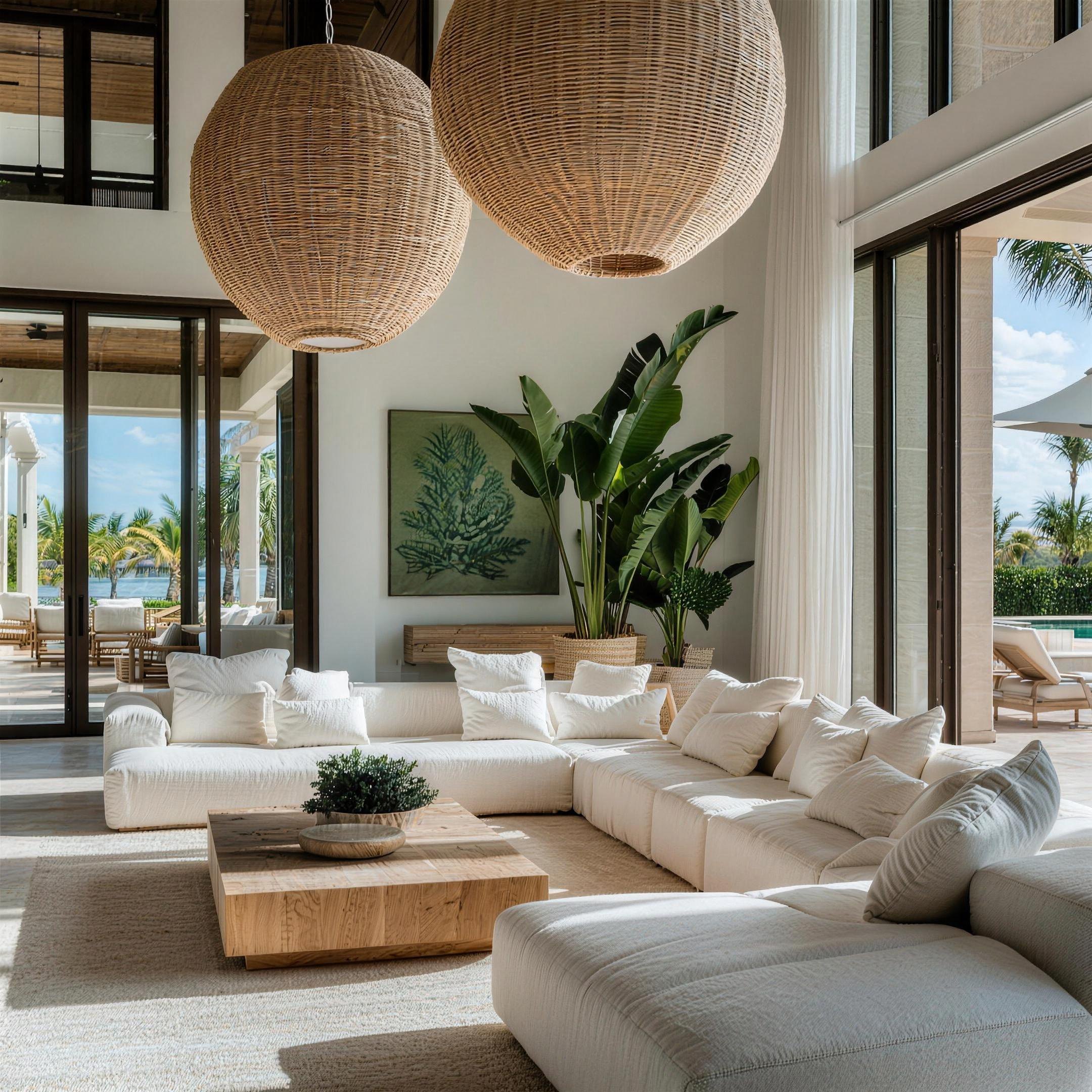 Biophilic interior with hand-woven rattan pendants and a sea view