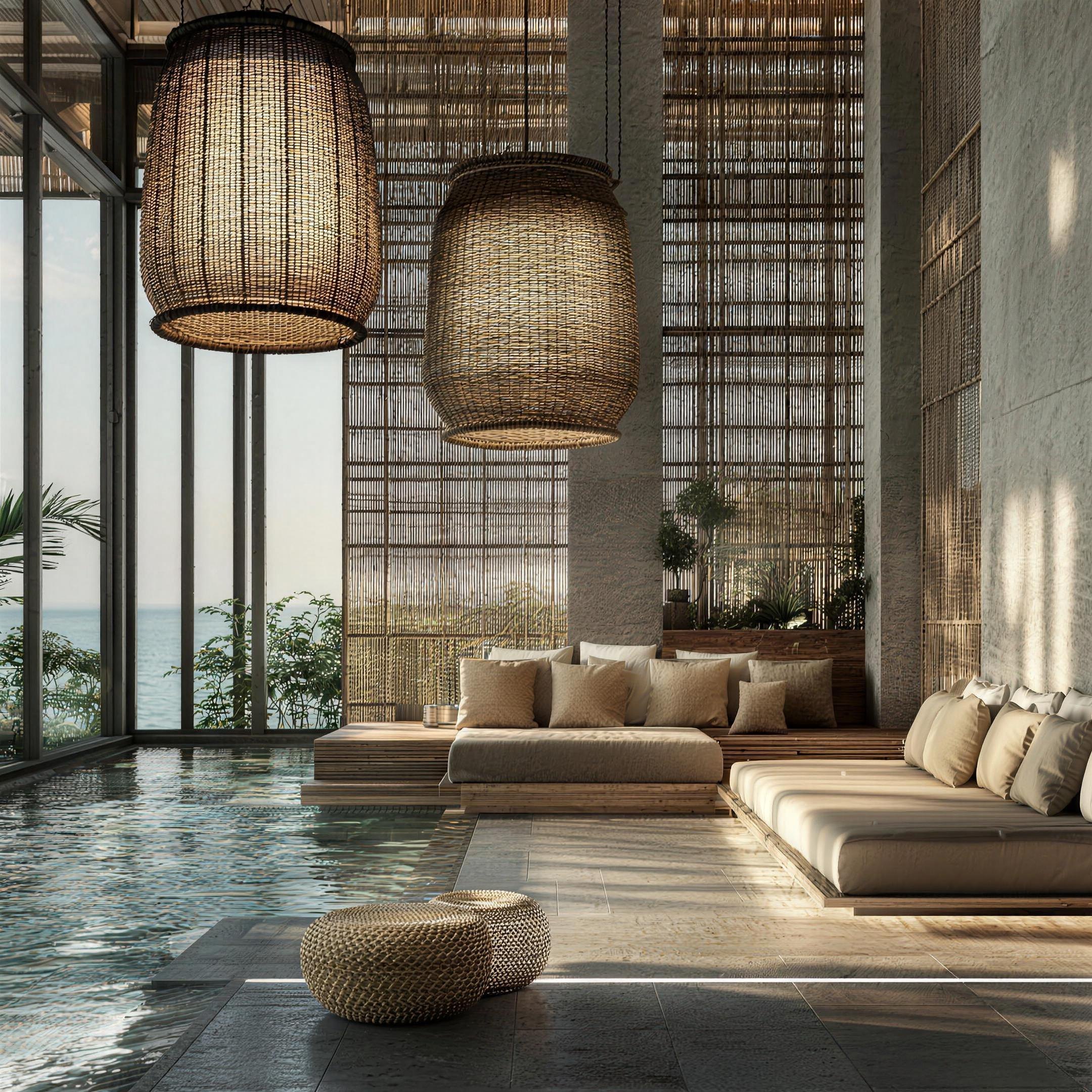 Hand-woven pendant lamp in natural fibre